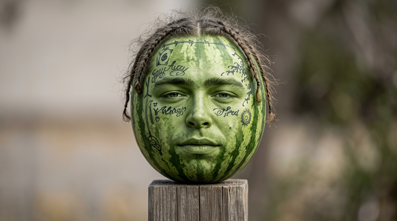 Post Melon: a tattooed, braided watermelon resting on a wooden fence post.